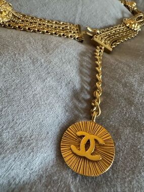 Authentic Vintage CHANEL Lion Medallion Multi-Chain Gold Belt with CC Coin Drop